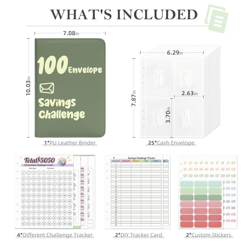 Green Leather Money Saving Challenge Binder with Envelopes - 52 Weeks Budget Planner
