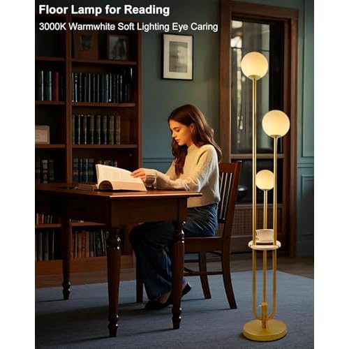 Lightdot Gold Globe Floor Lamp 3-Lights Dimmable Floor Lamps with Tray 3000K Bulbs Included Unique Floor Lamp Candle Holder Style Modern Standing Lamps for Living Room/Bedroom