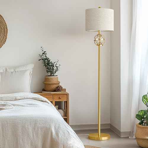 Oneach 61.5" Modern Floor Lamp for Living Room, Gold Boho Standing Lamp with Rattan Glass Design, Rotary Switch, Farmhouse Tall Lamps for Bedroom Office Dining Room (Without Bulb)