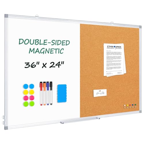 AMUSIGHT 36x24 Silver Double Sided Magnetic White & Cork Board Combo