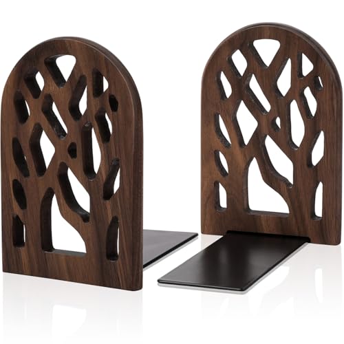 Wood Tree Book Ends Set of 2 Heavy Non-Skid Shelving Support