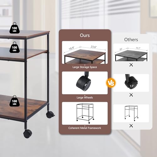 Sutex Large Printer Stand, 23.6" W x 18.9" D x 31.5" H Large Printer Table with Adjustable Storage Shelf, 3 Tier Rolling Printer Cart with Wheels for Home Office- Support 100 LBS Each Tier
