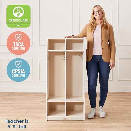 ECR4Kids 2-Section Coat Locker with Bench, Classroom Furniture, White Wash