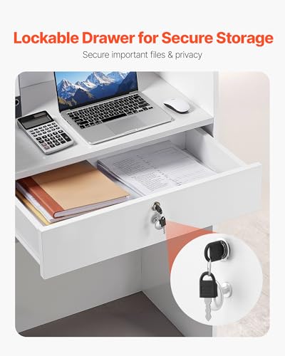 White Reception Desk with Lockable Drawer - Modern Office Counter Table 23.6"