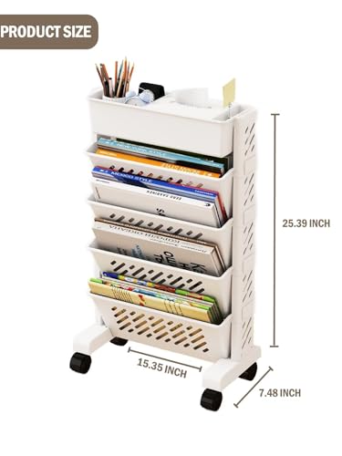 Vosaplk 5-Tier Rolling Utility Cart, Mobile Bookshelf on Wheels with 360° Casters