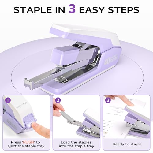Effortless Stapler for Desk with 40-50 Sheet Capacity, 2000 Staples, 1-Touch Stapling, Ergonomic & Easy to Load Desktop Staplers, Heavy Duty Stapler, and Magnetic Staple Remover, Purple