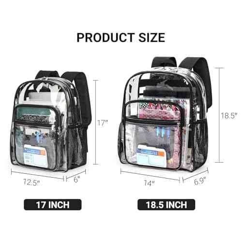 ZORFIN Clear Backpack Heavy Duty for School ? 18in Transparent PVC Bag with Large Capacity & Reinforced Straps for Men, Women, Boys & Girls - See Through Bookbag for College Workplace Security, Black