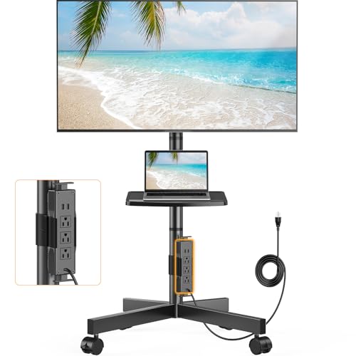 Perlegear Mobile TV Cart, Clip-On Integrated Power Supply, Rolling TV Stand Portable for 23-60¡È TVs (up to 88 lbs), 3 Height Levels with Adjustable Tray, TV Stand with Wheels, Max VESA 400x400mm