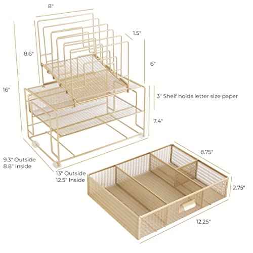 BLU MONACO Gold Workspace Desk Organizer - Desktop Rack with File Sorters and Drawer for Office Supplies, Paper, Devices, and Folders