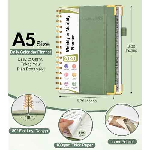 2026 Planner, Hardcover Leather Weekly and Monthly Planner, January 2026 - December 2026, Spiral Yearly Agenda Organizer Book 2026 with Tabs, Daily Calendar Planners for School Work Home, A5 (5.75" x 8.38"), Green