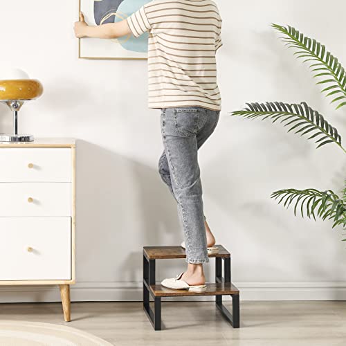 IBUYKE 2-Step Wooden Step Stools for Adults Kids, Heavy Duty Bedside Step Stool with 500 Lbs Capacity, Non-Slip Stepping Foot Stool for Bedroom Livingroom Bathroom Kitchen, Rustic Brown TBD002H