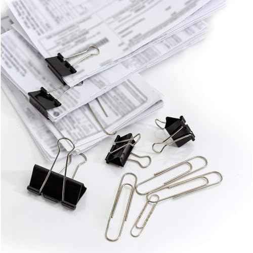 340 PCS Paper Clips and Binder Clips Assorted Sizes, Large Medium Small Silver Paperclips&Black Binder Clip Set for Home&School&Office Document Organizing,Supplies Desk Essentials in Container