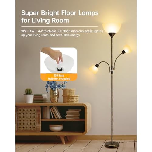 Floor Lamp, Torchiere Floor Lamps for Living Room, 71 Inch Tall Standing Lamp, Bedroom Lamps with Gooseneck Light, Rotary Switch, 3 Plastic Lampshade, Torch Floor lamps for Bedroom (Bronze, No Bulb)