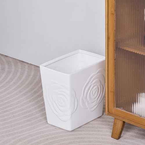 White Ceramic Rose Small Bathroom Trash Can 2.5 Gal (9 Liter), Heavy Small Kitchen Garbage Bin, Living Room Bedroom Corner Trash Can, Decorative Wastebasket for Outdoor Garden, Home Office,Hotel Motel