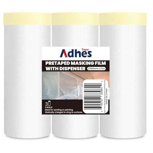 Adhes Pretaped Masking Film Refills, 3 Rolls 2700mm x 17m, Masking Film with Tape for Painting, Spraying & Surface Protection, Compact Paint Shield Refill Rolls for Dispenser Use
