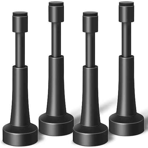 4PCS Matte Black Door Stoppers for Wall - 4.33 Inch Spring Door Stop for Bottom of Door, Aluminum Doorstopper with Silicone Tip, Screw & Adhesive Installation