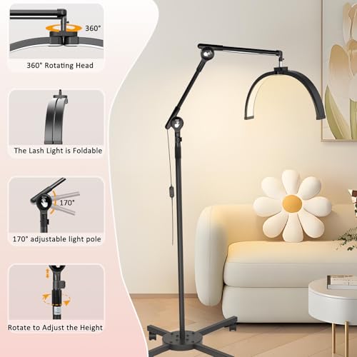 Half Moon Light for Lash Tech, LED Floor Lamp with Wheeled Base, Lash Light for Eyelash Extension, Tattoo Artists, Beauty, Adjustable Brightness, Phone Holder