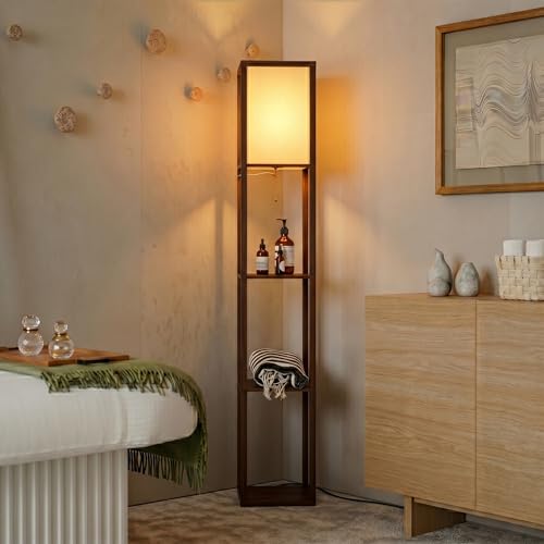 Brightech Maxwell Brown Floor Shelf Lamp with LED Bulb & Diffused Shade for Living Room & Bedroom