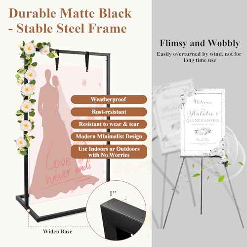 Wedding Welcome Sign Holder, Detachable Welcome To Our Wedding Sign Stand with Balloons, Sign Hanging Straps, Eucalyptus Rose Vines, Easel Stand for Sign, Wedding Seating Chart Stand, Poster(Black)