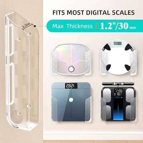 ELETIUO Wall-Mounted Scale Holder with Adhesive &Screws -Fits Most Digital Scales (Up to 1.2"/30mm Thick),Anti-Slip Silicone Pads,Space-Saving Bathroom/Bedroom Organizer-Easy to Install, Clear