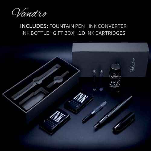Vandro Complete Luxury Fountain Pen Set - Comfortable Grip with Smooth Fine Nib - Includes 10 Pack Ink Cartridges, Black Ink Bottle, Refill Converter & Gift Box - Black