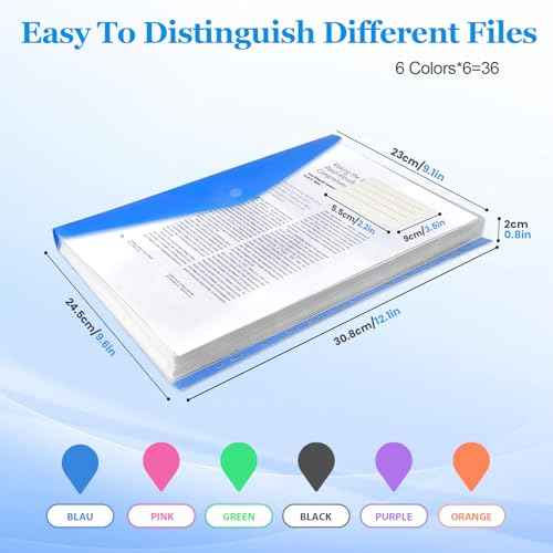36 Pack Binder Folders with Pockets 11 Holes Expandable Dividers for 2/3/4 Ring Document Pouch with Snap Button & Label Loose-Leaf Transparent Binder Organizer for School Home Office