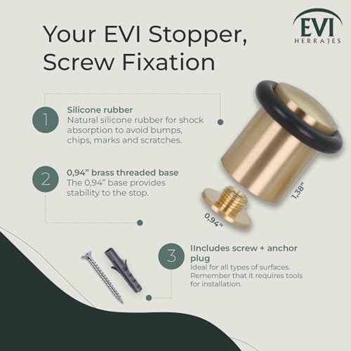 EVI Hardware | Door Stop | Threaded Base | Natural Silicone Rubber | Brass | Includes Screw + Fixing Plug | Mod. I-108 (Matt Brass - Black Rubber, 0,94x1,38¡§)