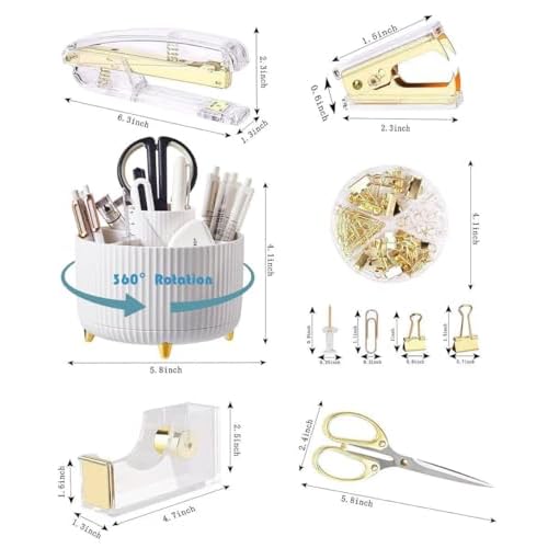Desk Organizers and Accessories Set with 360-Degree Rotating Pen Holder, Acrylic Stapler, Tape Holder, Staple Remover, Binder/Paper Clips Kit, Scissor and 1 Box of Staples