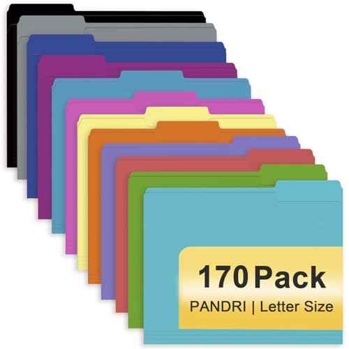 File Folder, PANDRI 170 Pack Colored File Folder, 1/3 Cut Tab, Letter Size, Assorted 12 Colors Filing Folder for Office School Business