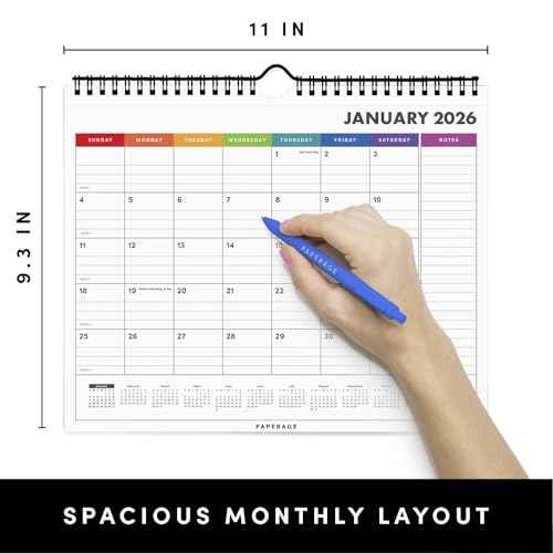 PAPERAGE 2026 Calendar, 12 Months (January 2026 - December 2026), Small (9 in x 11 in), Minimalist Wall and Desk Calendar with Monthly Views, Yearly Plans & Notes Section ? Rainbow