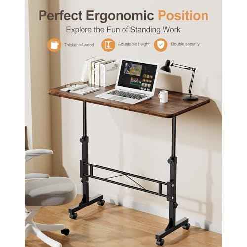 Small Standing Desk Adjustable Height, Mobile Stand Up Desk with Wheels, 32 Inch Portable Rolling Desks for Walking Pad Treadmill Wood Rustic