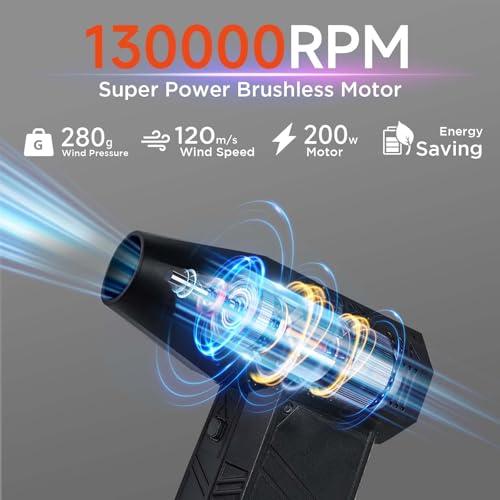 Compressed Air Duster ? 130000RPM High-Speed Air Blower with 280G Wind Pressure, 3 Gears Wind Speed, Cordless Rechargeable Dust Cleaner with 5000mAh Battery for Computer, Keyboard, Car & Electronics