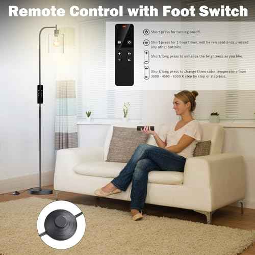 Industrial Floor Lamp with Glass Shade, Modern Dimmable Floor lamp with Remote LED Bulbs, Tall Lamp for Living Room Corner, Bedroom, Office (Black)
