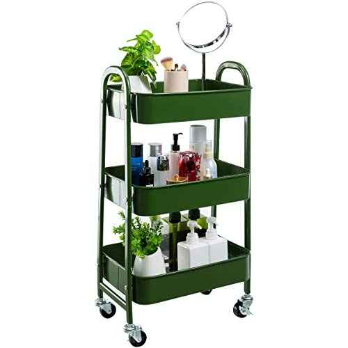 AGTEK Makeup Cart, Movable Rolling Organizer Cart, Bluish Green 3 Tier Metal Utility Cart