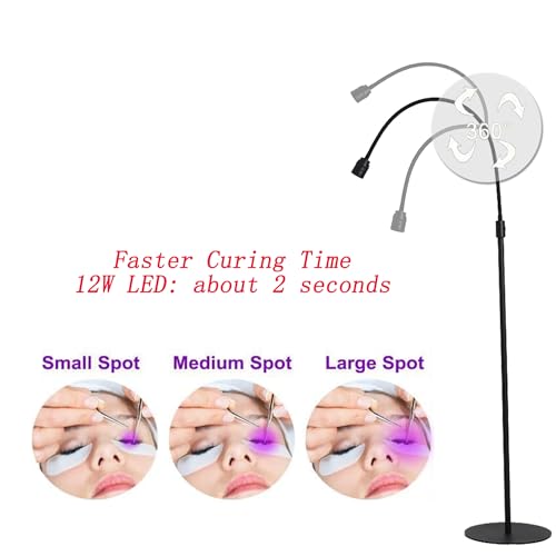 12W UV Lash Light with Foot Pedal, Lash Lamp for Eyelash Extension Grafting Eyebrow Beauty Salon, Lash floor Lamp for Eyelash Tech, Rapid Dry in 2 Seconds, Adjustable Angle and Light Spot Size, Blac