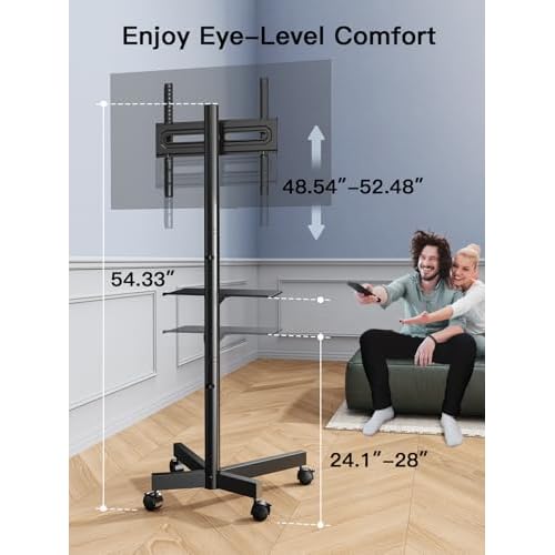 PERLESMITH Rolling TV Stand on Wheels for 23-60 Inch Flat Curved Screen TVs, Mobile TV Cart Height - Adjustable with Shelf/Tray, Portable TV Stand Holds up to 55 lbs, Max VESA 400x400mm, PSTVMC04