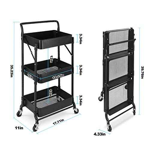 Foldable 3 Tier Metal Utility Rolling Cart, Folding Mobile Multi-Function Storage Trolley Organizer Cart for Home Library Office(Black)