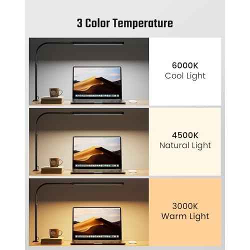SUPERDANNY Eye-Caring LED Desk Lamp 360¡Æ Flexible Gooseneck Work Lamp with Desk Side Clamp Touch Control 3 Light Colors Smooth Dimming Task Lighting Reading Light for Home Office College Dorm, Black