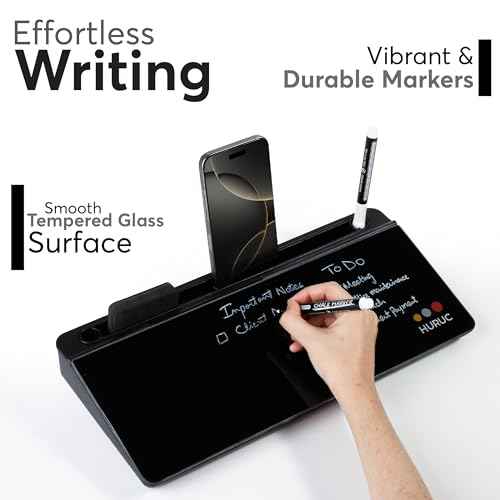 Small Glass Desktop Whiteboard with Storage,15.3"x7.08"x2.16" inch Desktop Dry Erase Board with Markers & Duster, Desk White Board Buddy Organizer for Home, Office, School (Black)