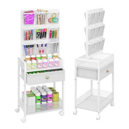 5-Tier Craft Rolling Cart, Craft Organizers and Storage with 18-Pocket, Utility Cart with Drawer & Lockable Wheels, Art & Craft Supply Organizer for Kids' & Adults'Studio, Bedroom (White)