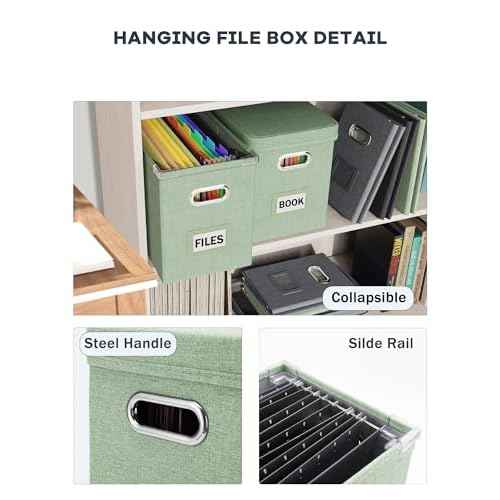 Oterri File Organizer Box with Lid, Hanging Filing File Box with Mesh Pocket, Document Organizer Box for Letter Files, Portable Storage Box(1 PCS, Green)
