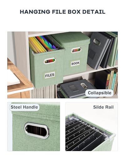 Oterri Green File Organizer Box with Lid, Mesh Pocket & Handles, Letter Size, Portable Storage