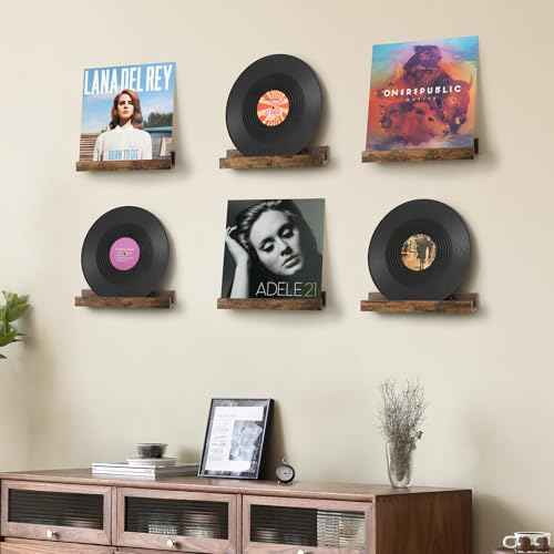 Vinyl Record Shelf Wall Mount, 6 Pack 12 inch Album Record Holder Display, Wood Floating Shelves for Wall Decor, Album Shelves, Kids Bookshelf, Magazine Rack, Walnut