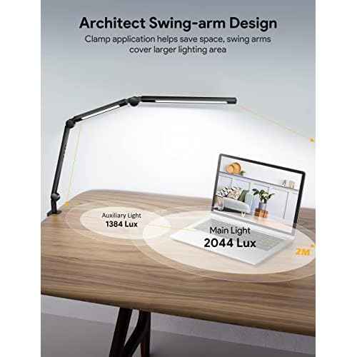 MediAcous LED Desk Lamp with Clamp, Dual Light Desk Lamp with Swing Arm, 4 Color Modes & 4 Brightness Metal Table Lamp, Eye-Caring Clip-on Lamp with Memory Function for Home Office Work Study