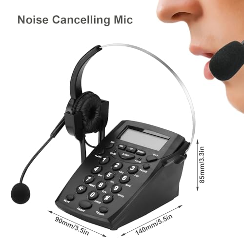 TelPal Call Center Headset Telephone with Dialpad & Noise Cancelling Monoral Over Ear Headphone & Mic, Wired Analog Landline Home & Office Telephone with Caller ID