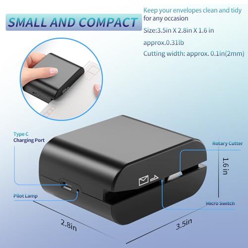 Black Rechargeable Electric Letter Opener - Automatic Envelope Slitter, USB-C Charge