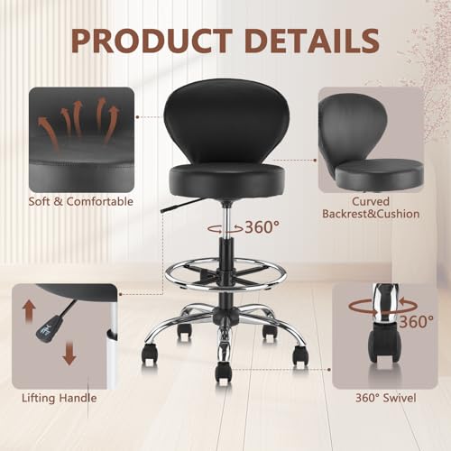 KLASIKA Black PVC Faux Leather Drafting Chair Rolling Stool 36in Adjustable Back/Foot Rest
