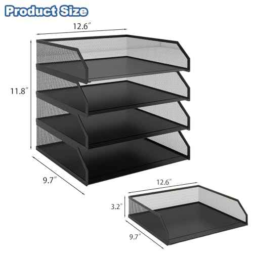 Natwind 4-Tier Stackable Paper Tray, Metal Mesh Desktop Organizer, A4 Paper Sorter, Letter Trays,File Folder Sorter Organizer with Sliding Tray for Home, Office, School (Black)