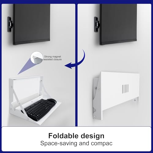 1 Pcs 24 Inch Keyboard Wall Mount Foldable Fits Standard Computer Keyboard Mouse Stand Tray Organizer for Small Offices Apartments, Easy Installation with 4 Screws (White)
