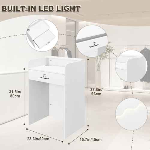 Small Reception Desk with Counter LED Light, Modern Front Desk with Lockable Drawer, White Retail Checkout Counter for Clothing Store Lobby Beauty Salon (White, 37.8x23.6x15.7in)